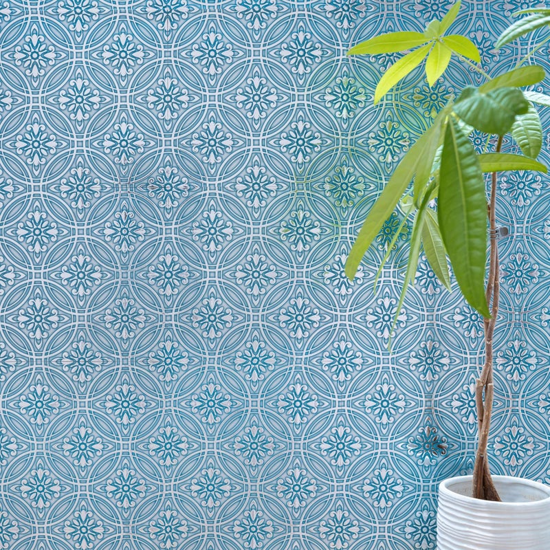 Main Street 24-Pack of 8 x 8" Wallpaper Tiles Peel and Stick Metallic Teal Painted Silver Design. Kitchen Backsplash, Renter Friendly, Paper Backsplash in Self Stick - Image 2