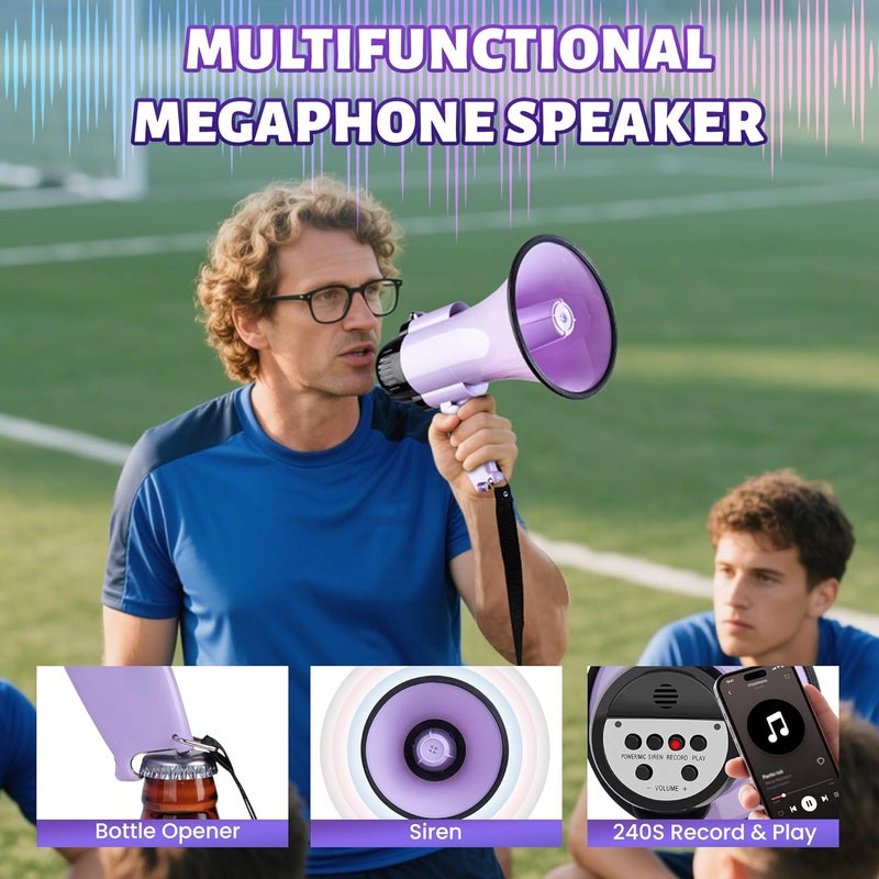 Loudmore 30 Watt Power Portable Megaphone Bullhorn Speaker Voice, Siren/Alarm and 240S Recording with Volume Control and Strap (Purple) - Image 5