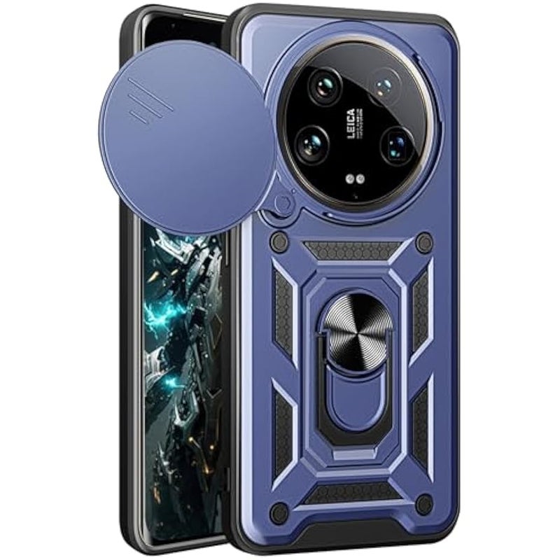 CSmall for Xiaomi 14 Ultra Case with Slide Camera Lens Cover, Military Grade Shockproof Protection Cover with Rotate Ring Kickstand Case for Xiaomi 14 Ultra SJ Blue - Image 1