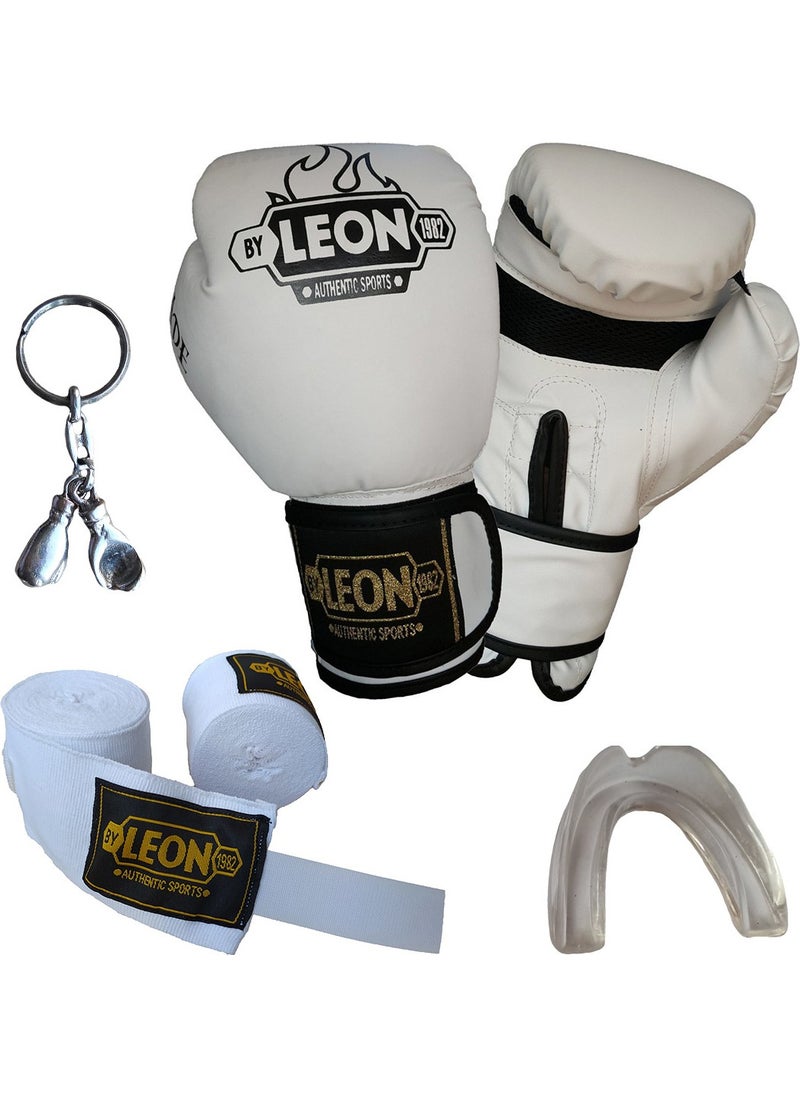By Leon 1982 Leon Blade Training Boxing Gloves, Bandage Mouthguard Keychain Set White 