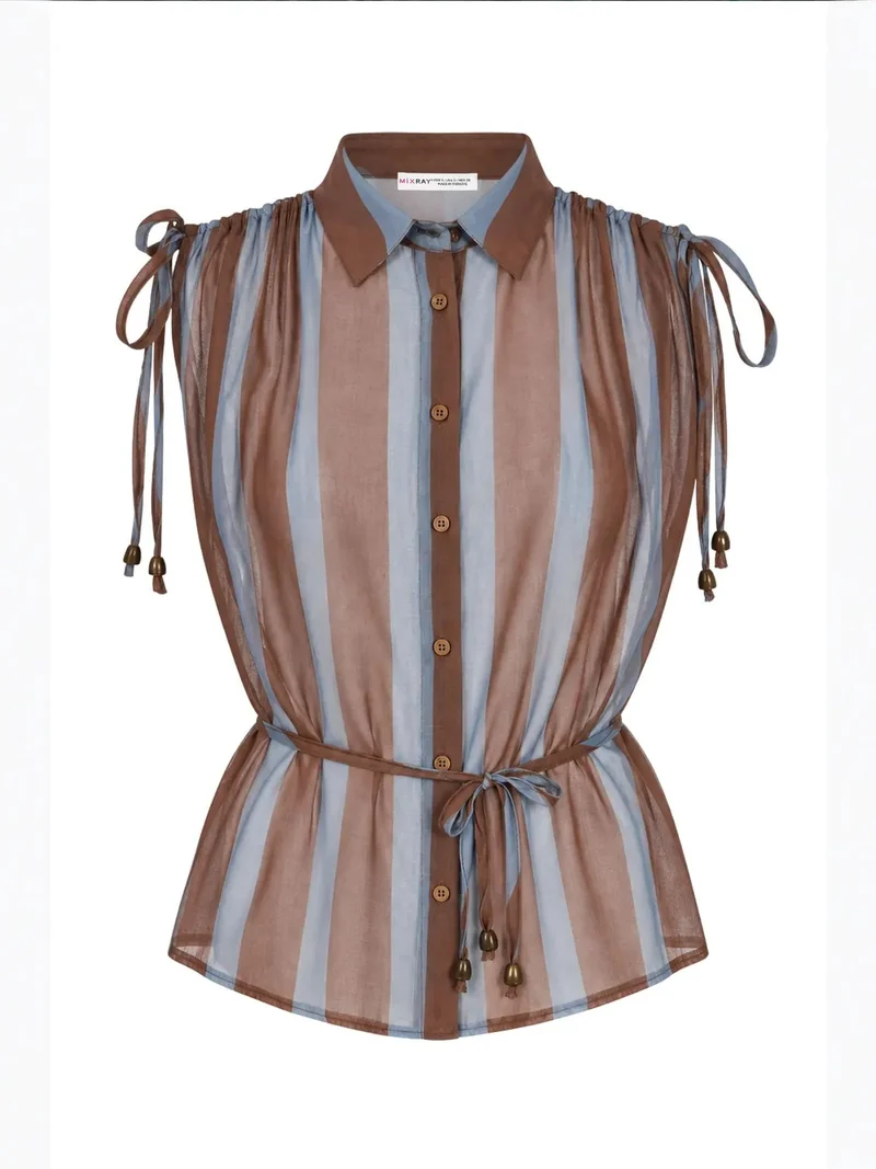 MixRay MIXRAY Striped Tie Detail Sleeveless Button-Up Shirt