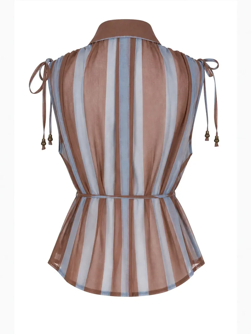 MixRay MIXRAY Striped Tie Detail Sleeveless Button-Up Shirt