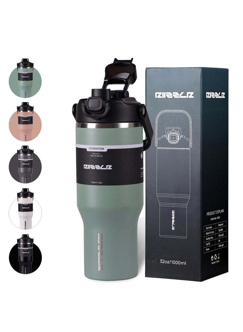 RIIZZLR® 1000ml Insulated Water Bottle Tumbler with 2-in-1 Straw & Sip Lid – Stainless Steel Vacuum Flask, Double Wall, BPA-Free, Leakproof, Wide Mouth, Keeps Drinks Hot 12H / Cold 24H - Image 1