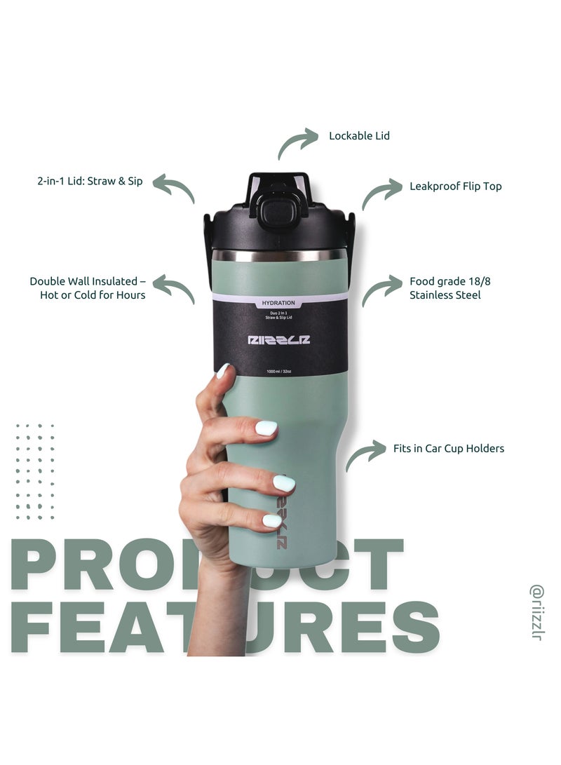 RIIZZLR® 1000ml Insulated Water Bottle Tumbler with 2-in-1 Straw & Sip Lid – Stainless Steel Vacuum Flask, Double Wall, BPA-Free, Leakproof, Wide Mouth, Keeps Drinks Hot 12H / Cold 24H - Image 3