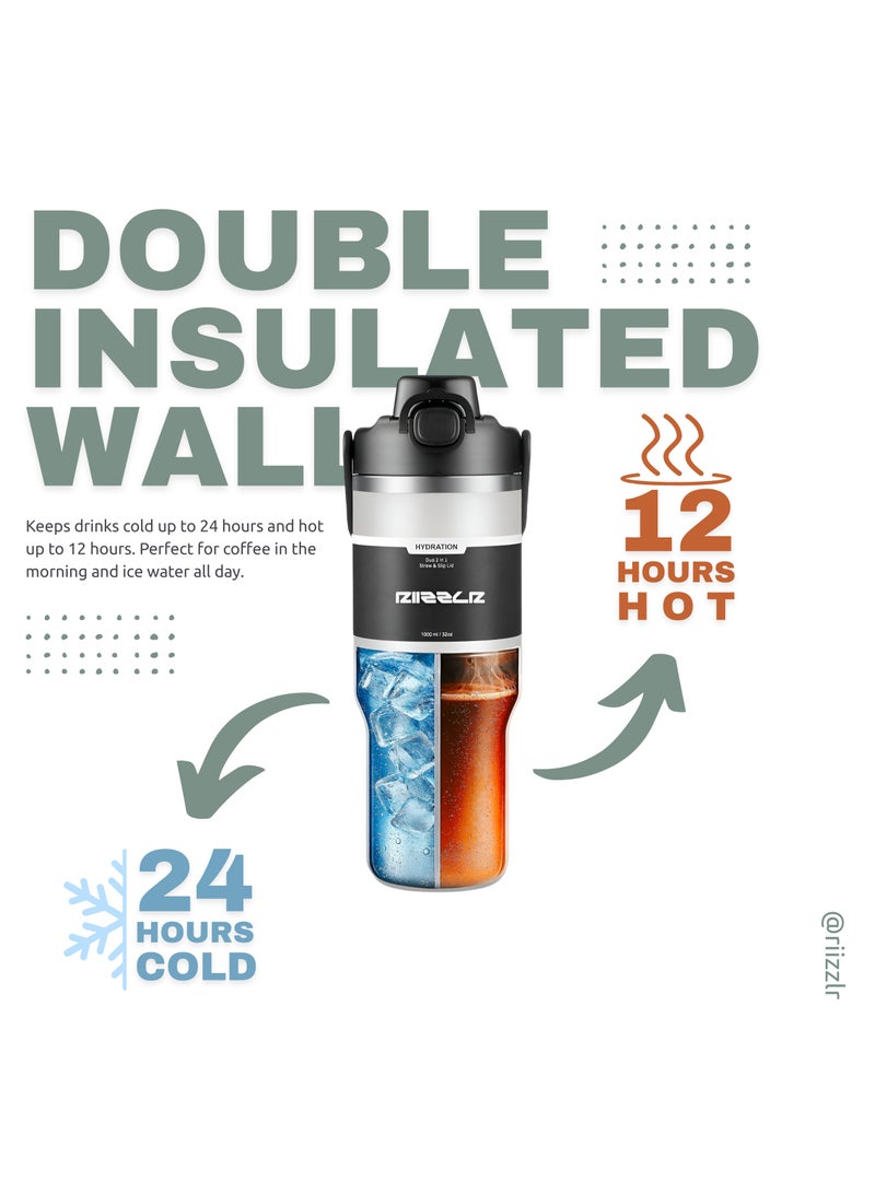 RIIZZLR® 1000ml Insulated Water Bottle Tumbler with 2-in-1 Straw & Sip Lid – Stainless Steel Vacuum Flask, Double Wall, BPA-Free, Leakproof, Wide Mouth, Keeps Drinks Hot 12H / Cold 24H - Image 4
