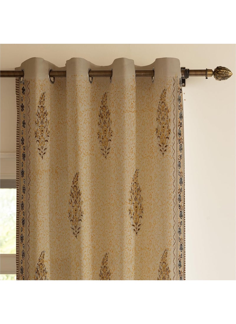LINENWALAS LINENWALAS Decorative Printed Cotton Semi Sheer Curtains 5 Feet Long Set of 2 Panel, Stainless Steel Eyelets Hanging, Vintage Look Window Curtains for Living Room, Home Décor (Rustic Leaf) 