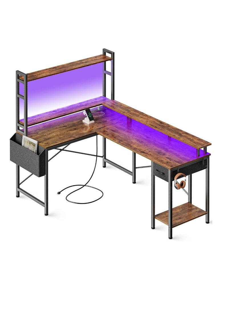 L-Shaped Gaming & Home Office Desk with RGB Lighting and USB Ports Brown - Image 3
