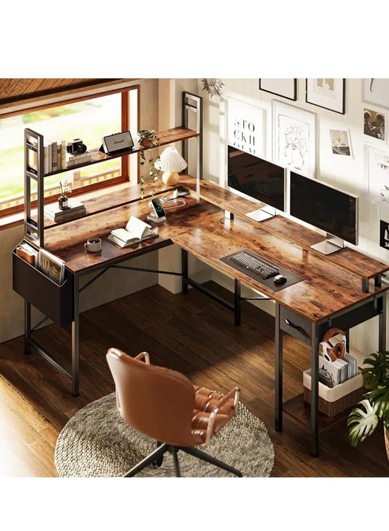 L-Shaped Gaming & Home Office Desk with RGB Lighting and USB Ports Brown - Image 4