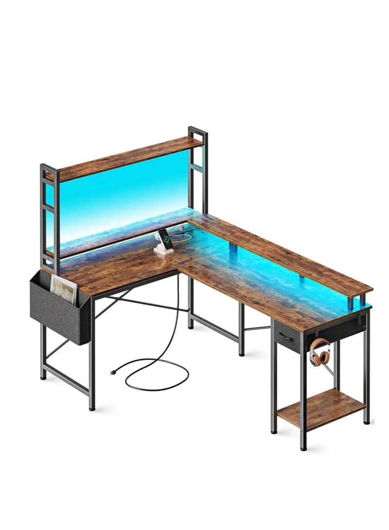 L-Shaped Gaming & Home Office Desk with RGB Lighting and USB Ports Brown - Image 2