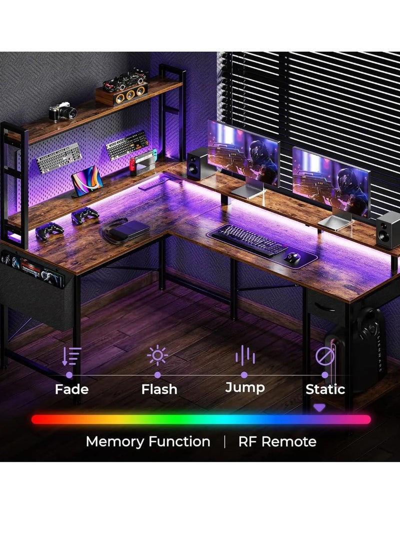 L-Shaped Gaming & Home Office Desk with RGB Lighting and USB Ports Brown - Image 1