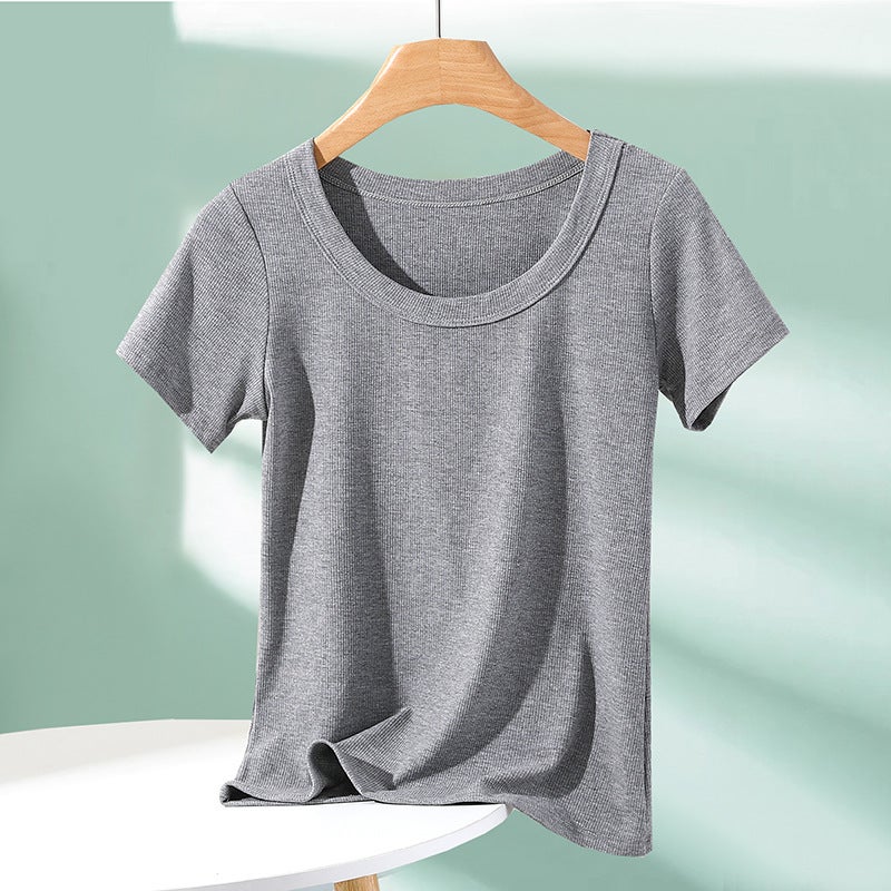 Threaded Short-Sleeved T-Shirt Women'S Summer Outer Wear Knitted Round Neck Base Shirt With Solid Color Thin Foreign Style All-Match Top - Image 1