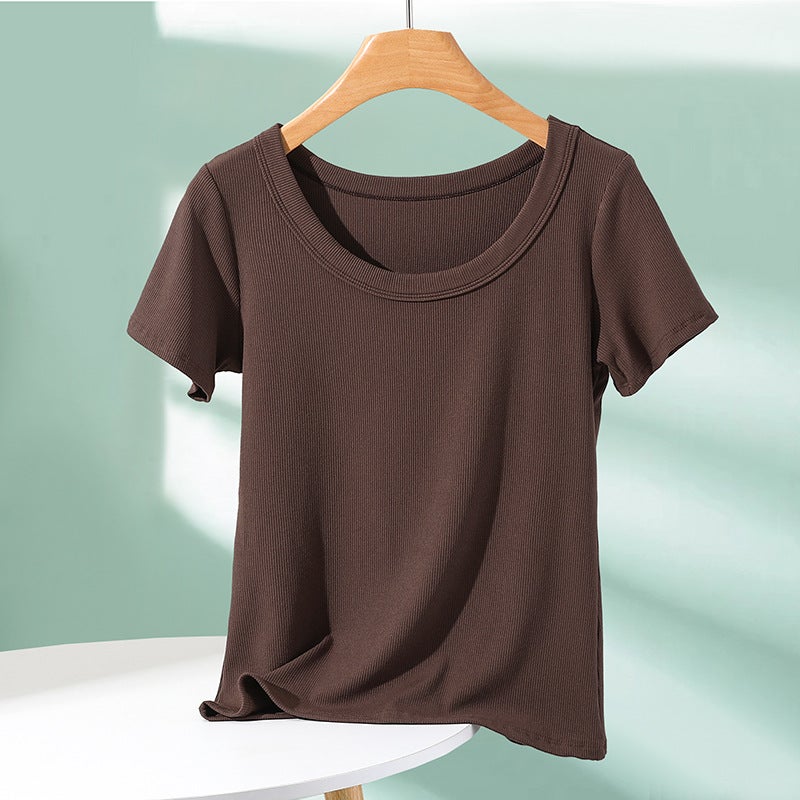 Threaded Short-Sleeved T-Shirt Women'S Summer Outer Wear Knitted Round Neck Base Shirt With Solid Color Thin Foreign Style All-Match Top - Image 5