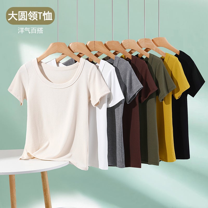 Threaded Short-Sleeved T-Shirt Women'S Summer Outer Wear Knitted Round Neck Base Shirt With Solid Color Thin Foreign Style All-Match Top - Image 2
