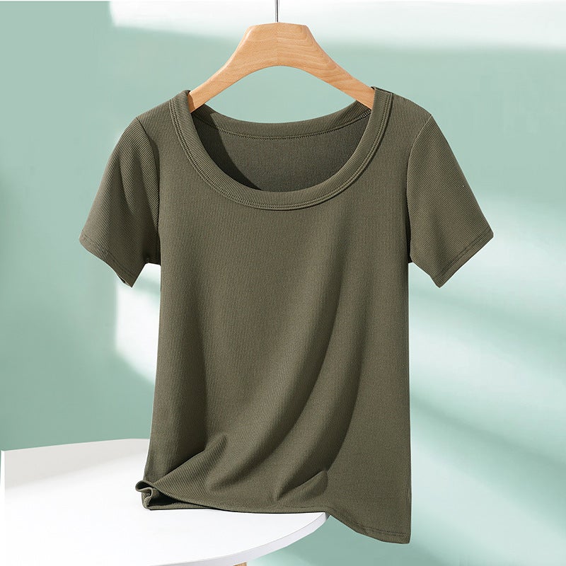 Threaded Short-Sleeved T-Shirt Women'S Summer Outer Wear Knitted Round Neck Base Shirt With Solid Color Thin Foreign Style All-Match Top - Image 4
