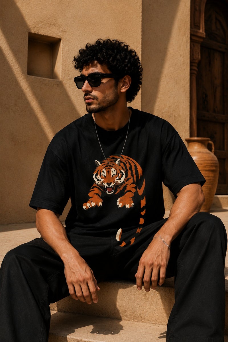 Men's Oversized Black Tiger Graphic T-Shirt Casual Short Sleeve Crew Neck Streetwear Tee - Image 4