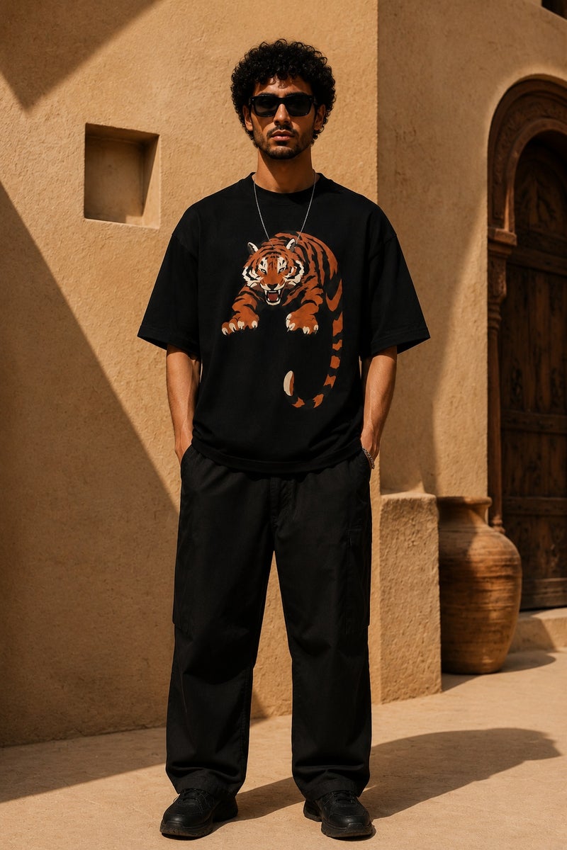 Men's Oversized Black Tiger Graphic T-Shirt Casual Short Sleeve Crew Neck Streetwear Tee - Image 2
