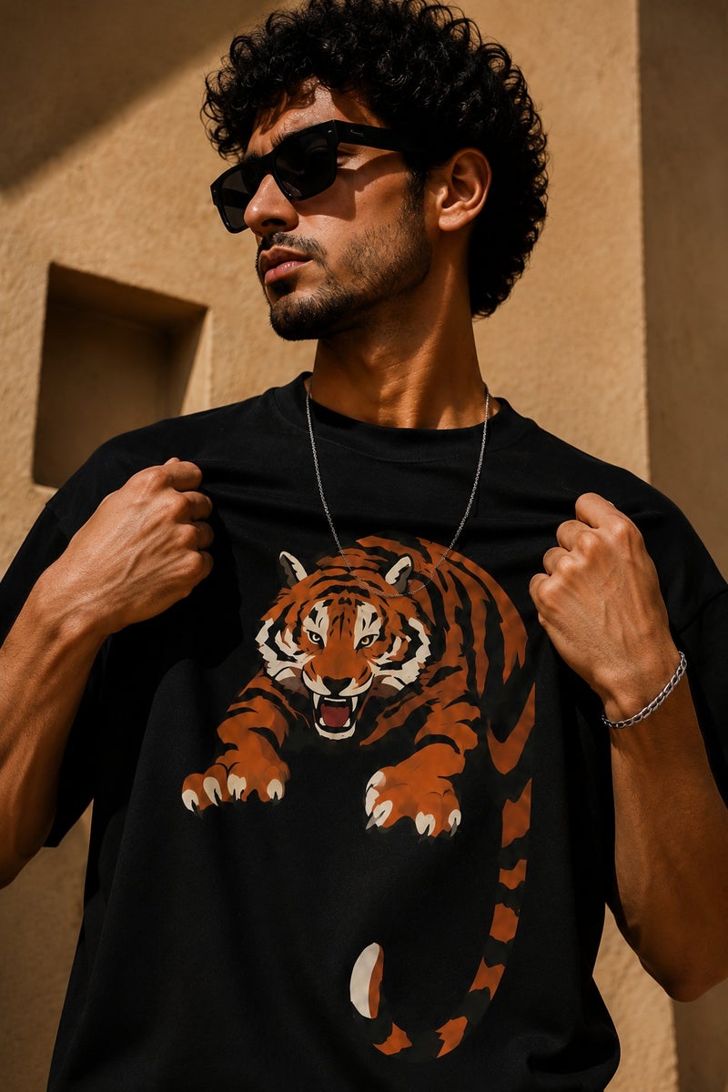 Men's Oversized Black Tiger Graphic T-Shirt Casual Short Sleeve Crew Neck Streetwear Tee - Image 1
