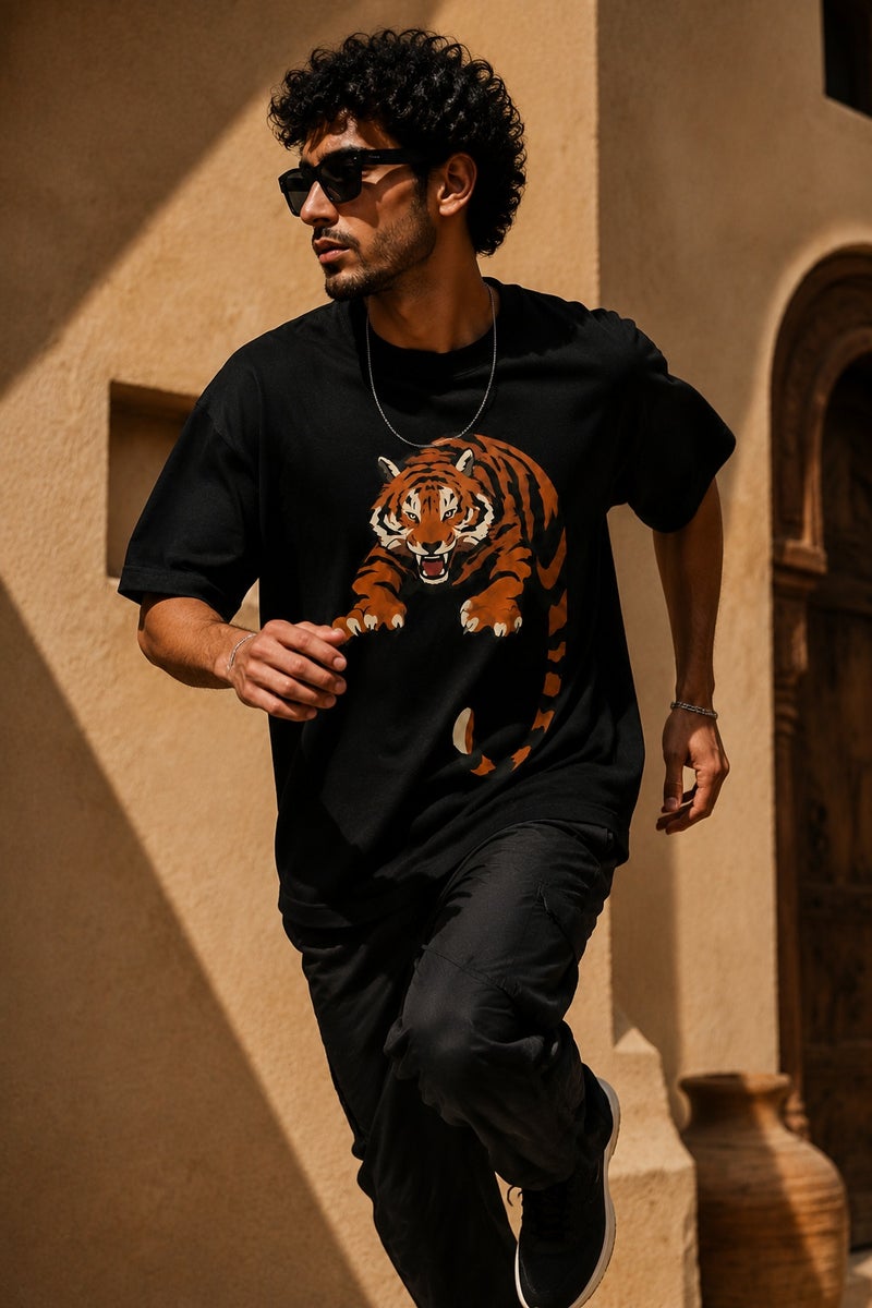 Men's Oversized Black Tiger Graphic T-Shirt Casual Short Sleeve Crew Neck Streetwear Tee - Image 3