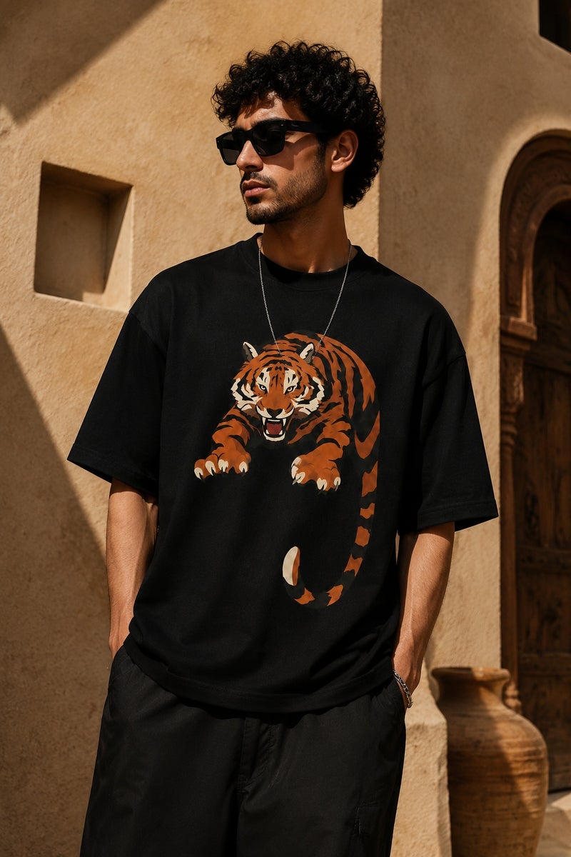 Men's Oversized Black Tiger Graphic T-Shirt Casual Short Sleeve Crew Neck Streetwear Tee - Image 5