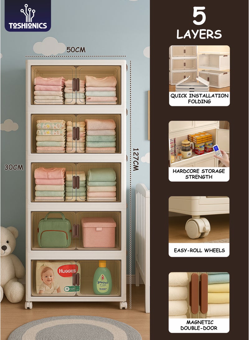 توشيونيكس خزانة تخزين بلاستيكية للأطفال من 5 طبقات - 50 × 30 × 127 سم - مع أبواب مزدوجة من الأكريليك الشفاف بلون بني وعجلات قابلة للقفل - منظم متعدد الطبقات قابل للطي والتكديس ومتعدد الاستخدامات لغرفة الأطفال للملابس والحفاضات والألعاب والأساسيات - متوفر بأحجام مختلفة - Image 1