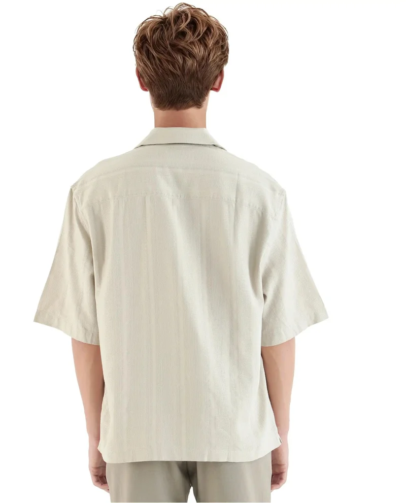 Rare Rabbit Men's Cuban Collar Stripe Print Boxy Fit Shirt