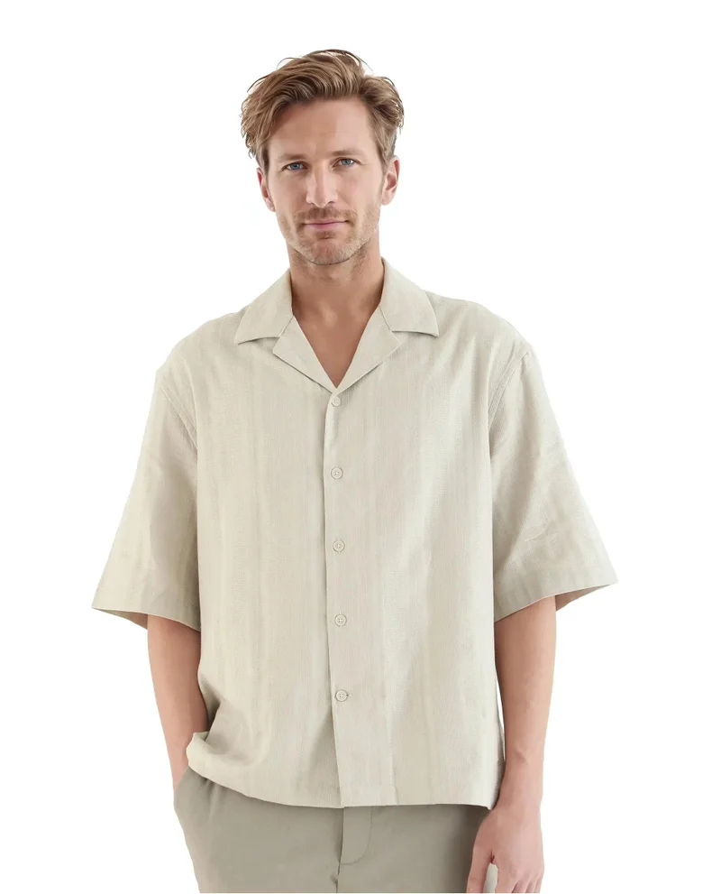 Rare Rabbit Men's Cuban Collar Stripe Print Boxy Fit Shirt