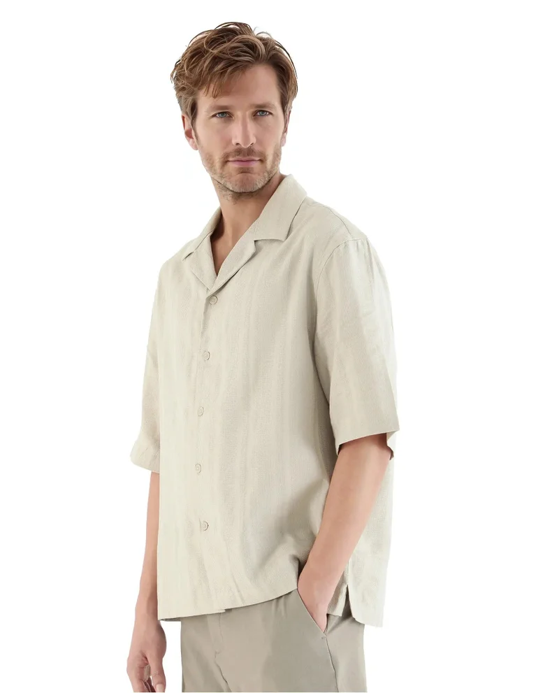 Rare Rabbit Men's Cuban Collar Stripe Print Boxy Fit Shirt