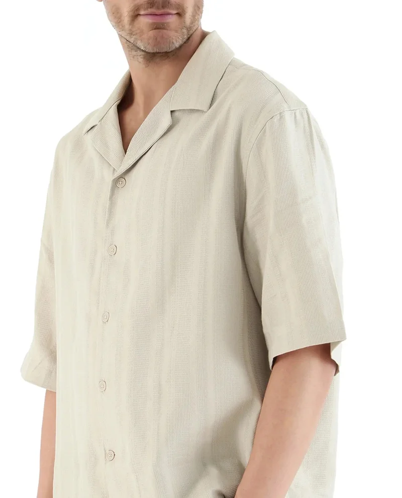 Rare Rabbit Men's Cuban Collar Stripe Print Boxy Fit Shirt
