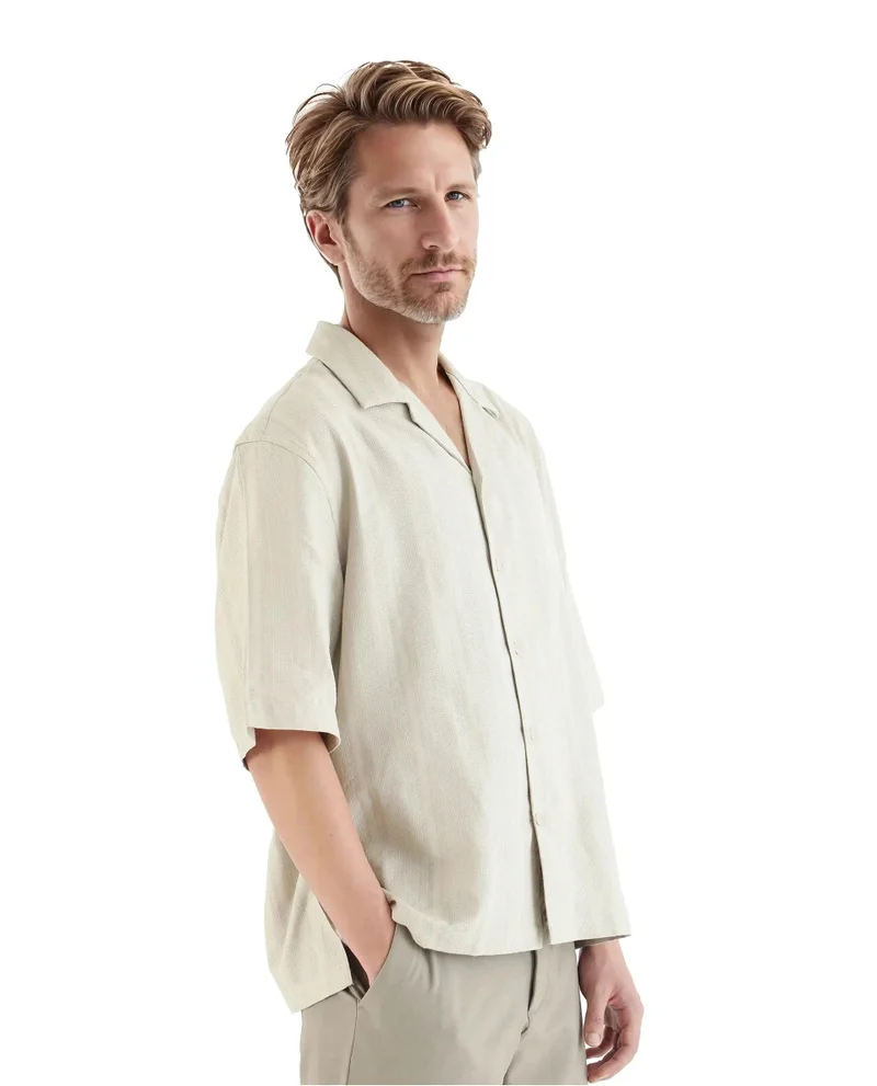 Rare Rabbit Men's Cuban Collar Stripe Print Boxy Fit Shirt