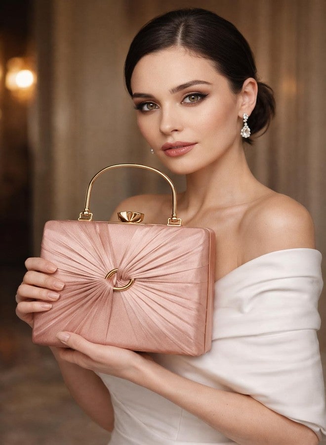 Women’s Blush Pink Metallic Clutch Purse with Gold Handle & Chain Strap | Elegant Evening Party Handbag - Image 4