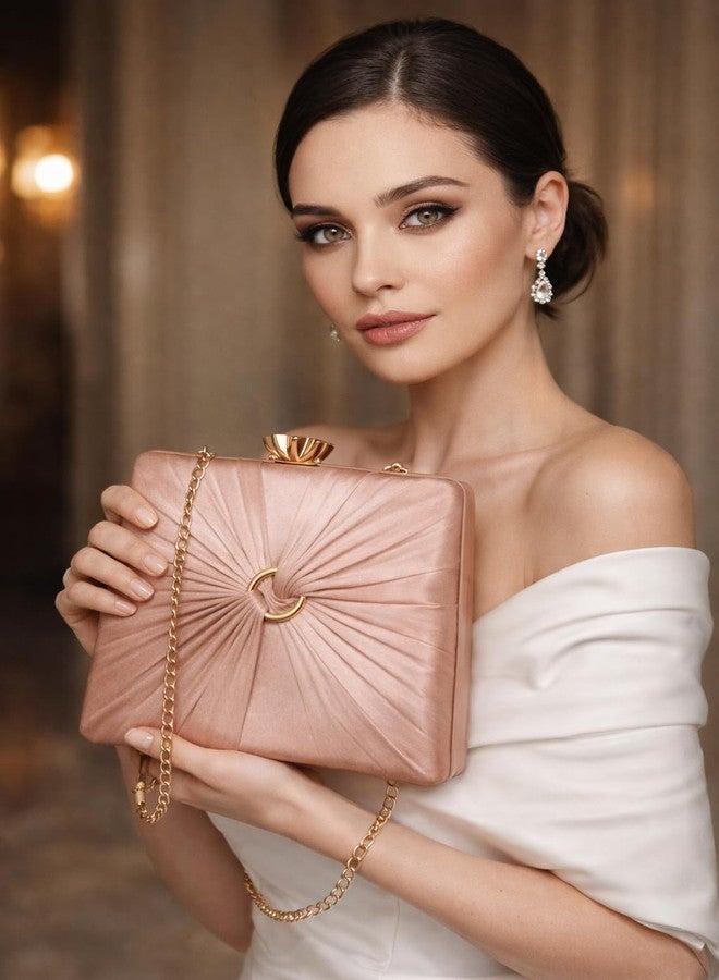 Women’s Blush Pink Metallic Clutch Purse with Gold Handle & Chain Strap | Elegant Evening Party Handbag - Image 5