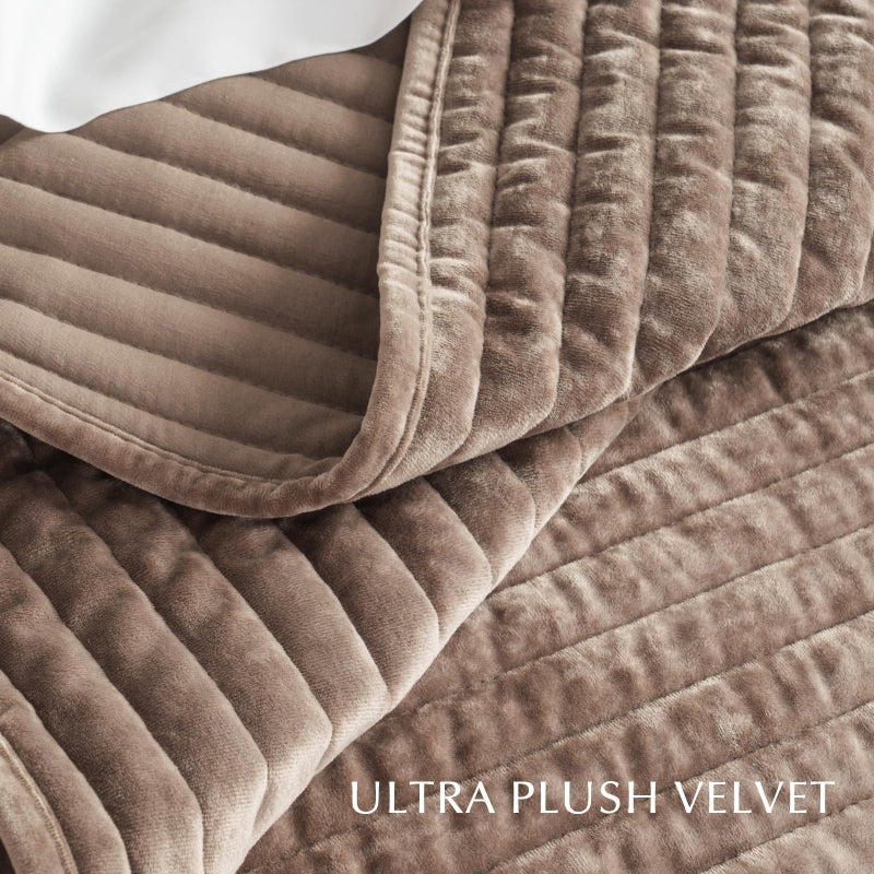 EVERGRACE Velvet Quilt Set California King 118'' x 106'', Luxurious Soft Striped Channel Bedding Set, Lightweight Velvet Comforter for All Season, Oversized Bedspread Coverlet w/ 2 Shams, Mocha Brown - Image 5