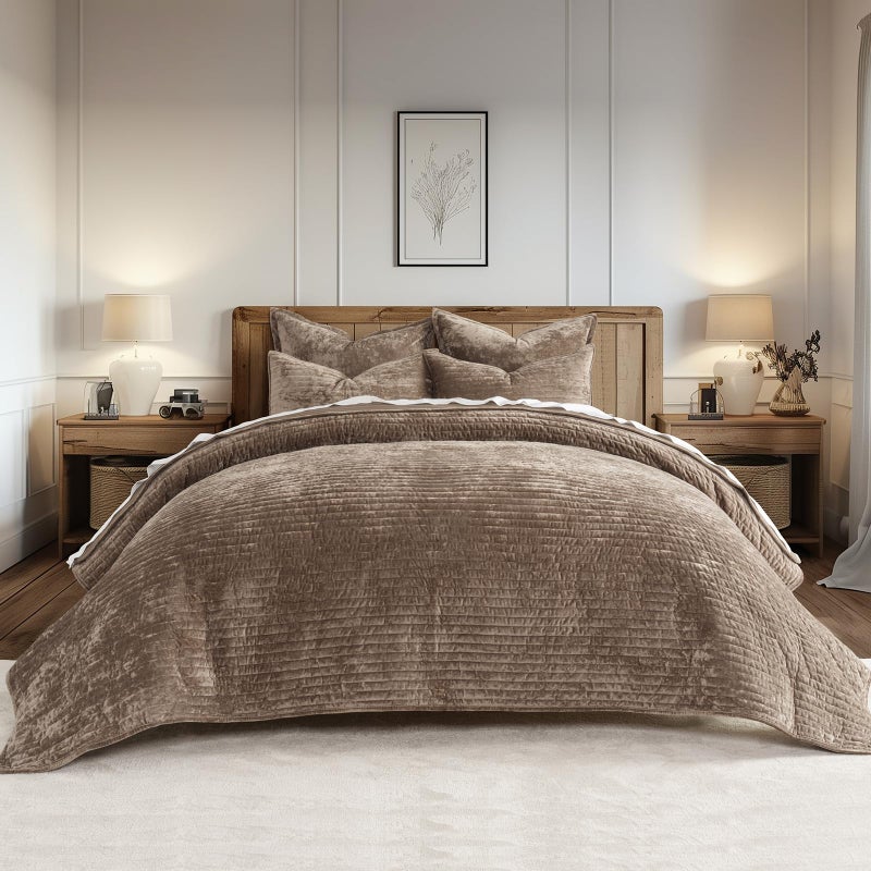 EVERGRACE Velvet Quilt Set California King 118'' x 106'', Luxurious Soft Striped Channel Bedding Set, Lightweight Velvet Comforter for All Season, Oversized Bedspread Coverlet w/ 2 Shams, Mocha Brown - Image 1