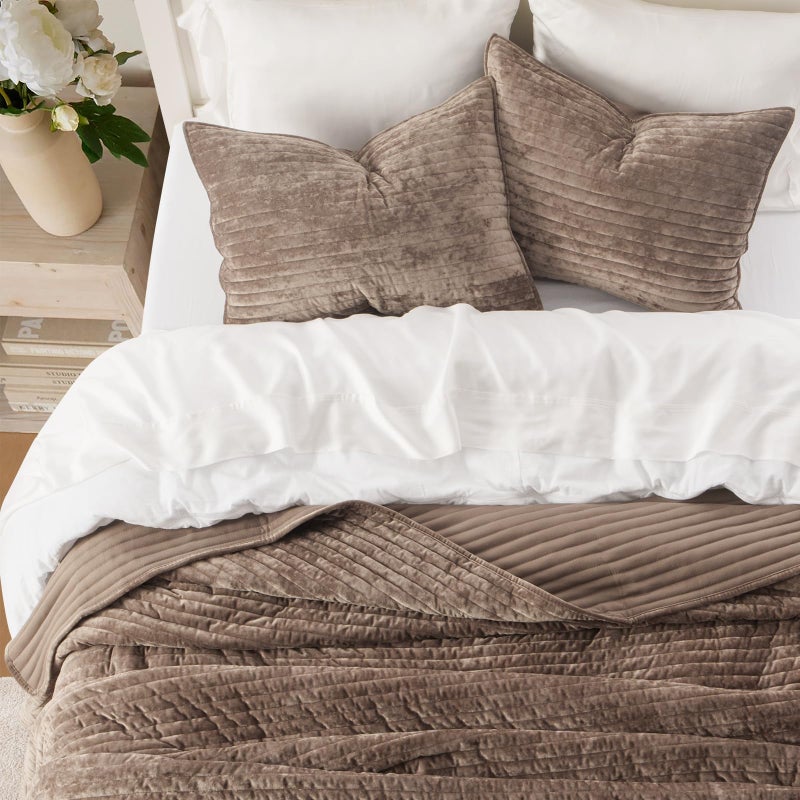 EVERGRACE Velvet Quilt Set California King 118'' x 106'', Luxurious Soft Striped Channel Bedding Set, Lightweight Velvet Comforter for All Season, Oversized Bedspread Coverlet w/ 2 Shams, Mocha Brown - Image 3