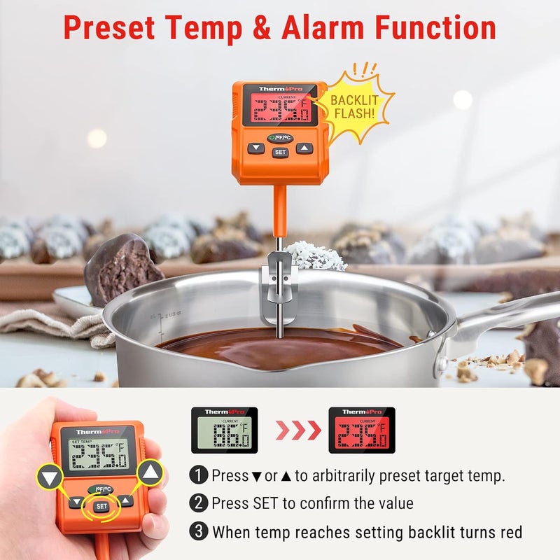 ThermoPro ترمومتر طعام رقمي فوري Tp511 من البلاستيك، ترمومتر حلوى عميق مع مشبك وعاء وإضاءة خلفية وبروبي طهي بطول 8 إنش للقلي والزيوت والسوائل والسكر واللحوم والشواء - Image 2