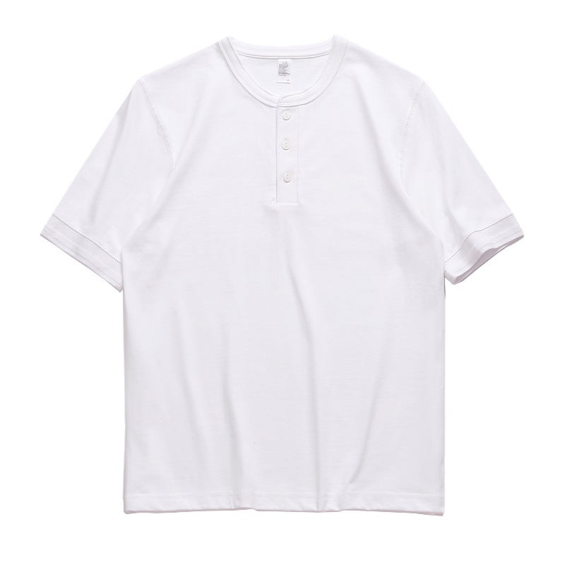 Three Needles American Retro Heavyweight T-Shirt Men'S Ami Khaki Pure Cotton White T-Shirt Henry Collar Men'S Short Sleeves - Image 1