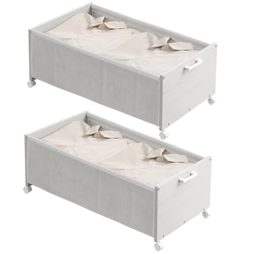 FOUCSSOMEI Under Bed Storage with Wheels, Wooden Under Bed Drawers On Wheels, Rolling Under Bed Shoe Storage, Space Saving,White,Quadruple Size,90L - Image 1
