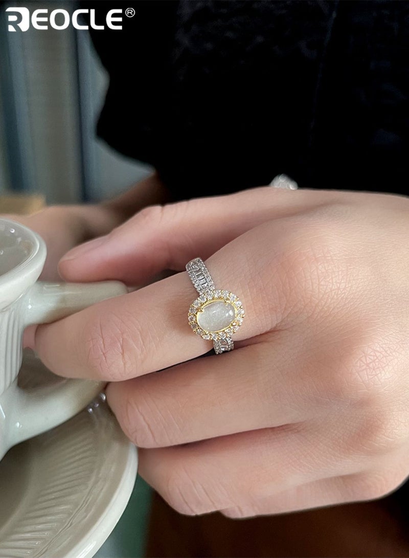 REOCLE Women's Ring Vintage-Inspired Central Stone Halo Ring Ornate Dual-Band Design for Renaissance-Themed & Daily Styling - Image 2