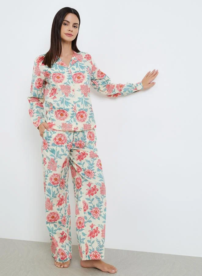 Floral Buttoned Cotton Shirt and Wide Leg Pyjama Set