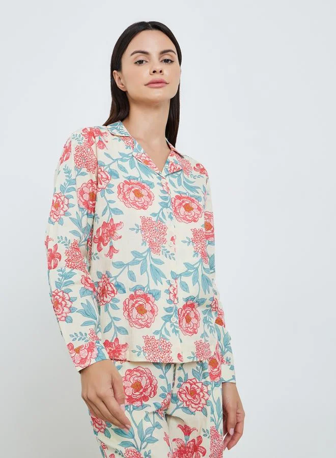 Styli Floral Buttoned Cotton Shirt and Wide Leg Pyjama Set