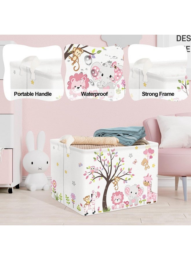 Clastyle Collapsible Large Pink Woodland Animal Baby Girl Bakset Jungle Animals Lion Giraffe Book Shelf Basket with Handle Rectangle Toy Clothes Cube Storage Basket for Kids Room - Image 4
