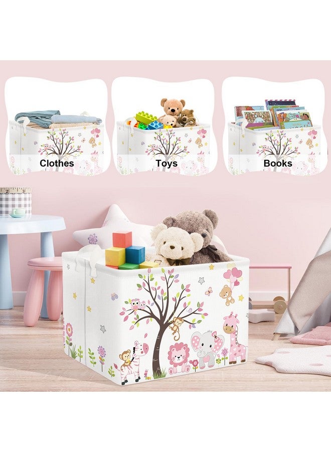 Clastyle Collapsible Large Pink Woodland Animal Baby Girl Bakset Jungle Animals Lion Giraffe Book Shelf Basket with Handle Rectangle Toy Clothes Cube Storage Basket for Kids Room - Image 5