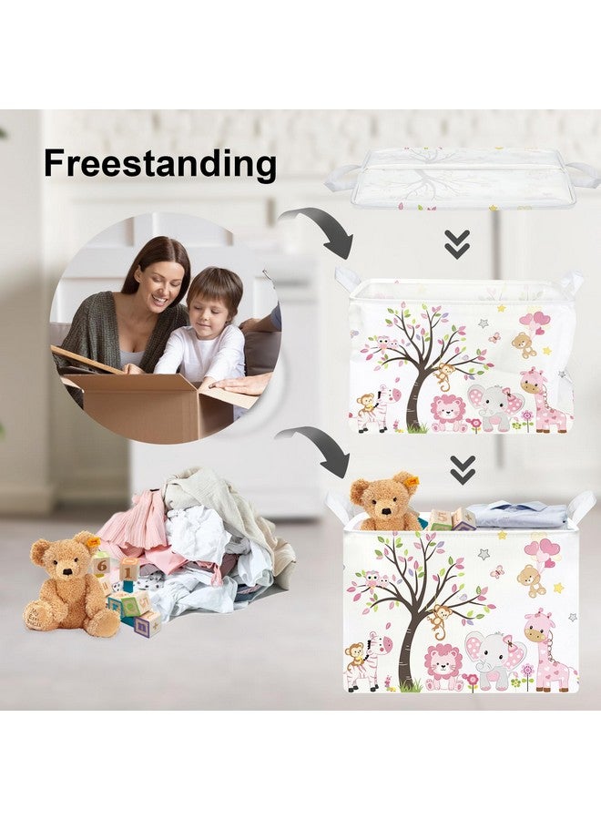 Clastyle Collapsible Large Pink Woodland Animal Baby Girl Bakset Jungle Animals Lion Giraffe Book Shelf Basket with Handle Rectangle Toy Clothes Cube Storage Basket for Kids Room - Image 3