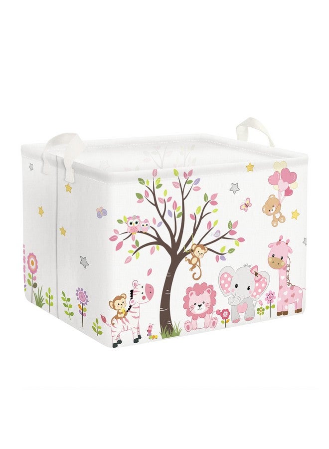Clastyle Collapsible Large Pink Woodland Animal Baby Girl Bakset Jungle Animals Lion Giraffe Book Shelf Basket with Handle Rectangle Toy Clothes Cube Storage Basket for Kids Room - Image 1