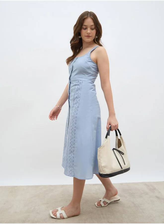 ستايلي Styli Women Blue Schiffli Sleeveless A-Line Midi Dress with Button Front