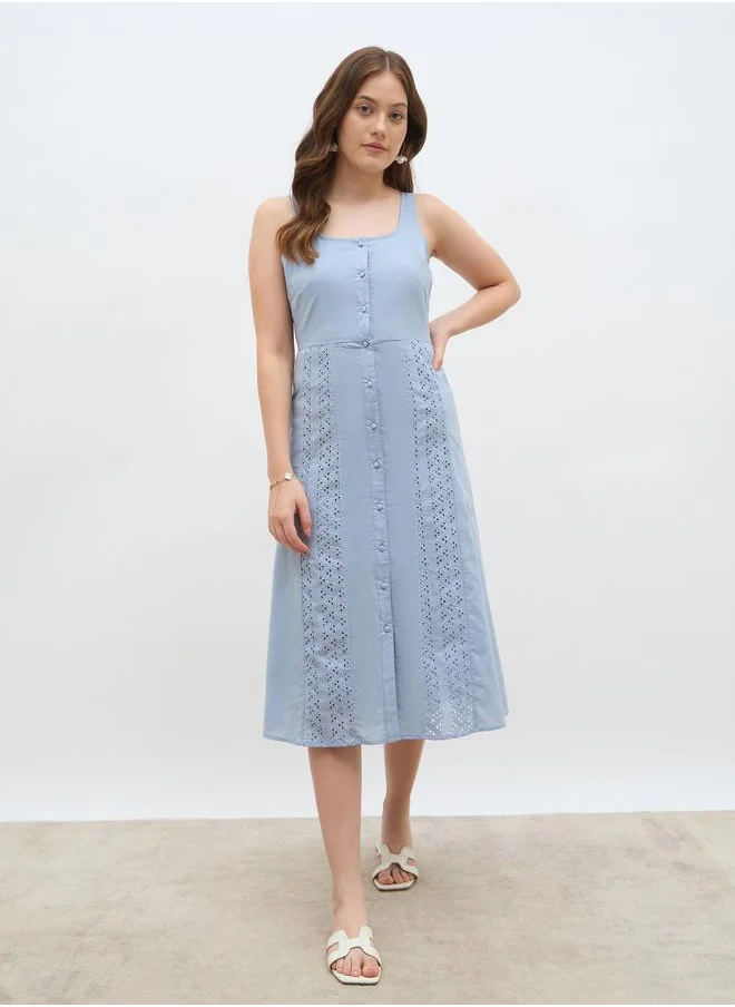 ستايلي Styli Women Blue Schiffli Sleeveless A-Line Midi Dress with Button Front