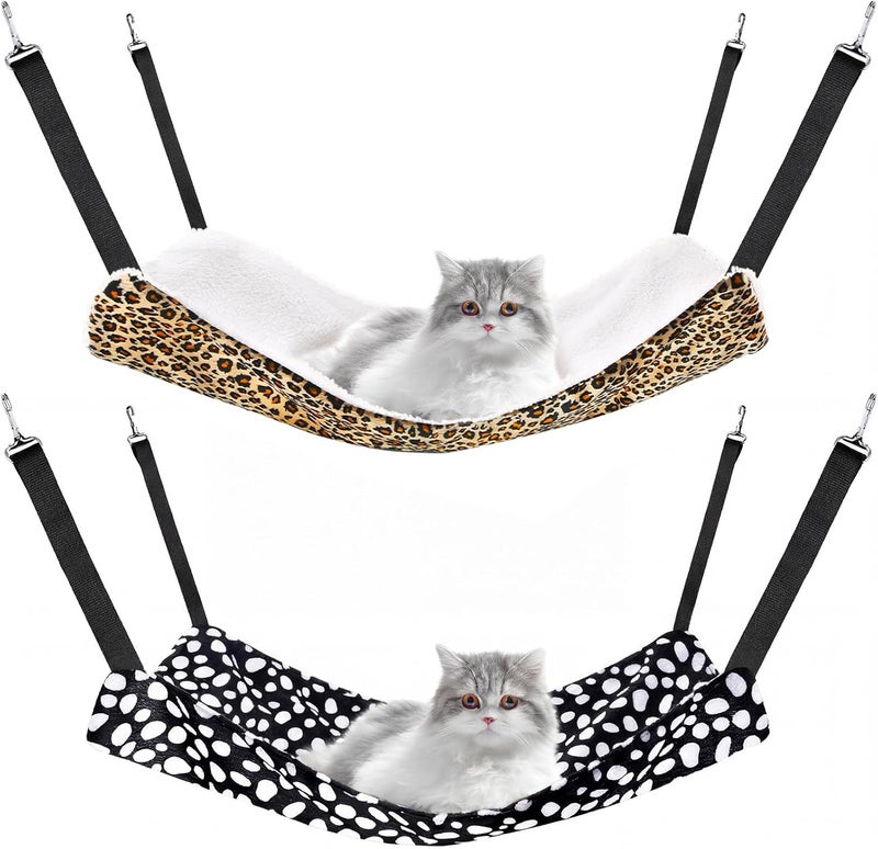 Jetec 2 Pieces Reversible Cat Hanging Hammock Soft Breathable Pet Cage Hammock with Adjustable Straps and Metal Hooks Double-Sided Hanging Bed for Cats Small Dogs Rabbits (Leopard and Dot, M) - Image 1