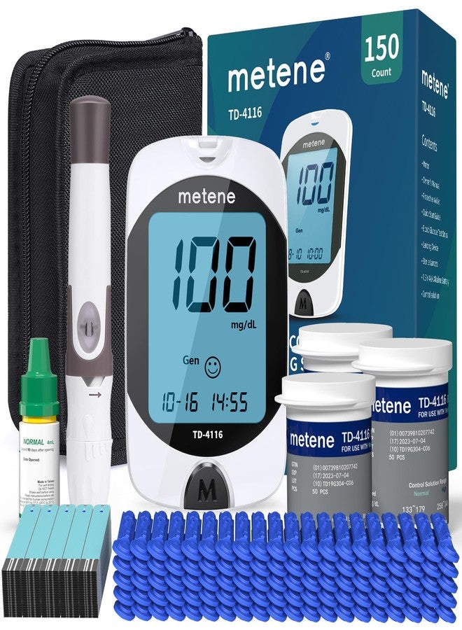Metene TD-4116 Blood Glucose Monitor Kit, 150 Glucometer Strips, 150 Lancets, 1 Blood Sugar Monitor, Blood Sugar Test Kit with Control Solution, Lancing Device, No Coding, Large Display - Image 1