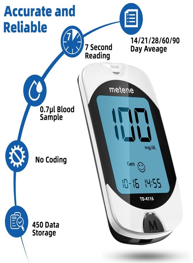 Metene TD-4116 Blood Glucose Monitor Kit, 150 Glucometer Strips, 150 Lancets, 1 Blood Sugar Monitor, Blood Sugar Test Kit with Control Solution, Lancing Device, No Coding, Large Display - Image 2