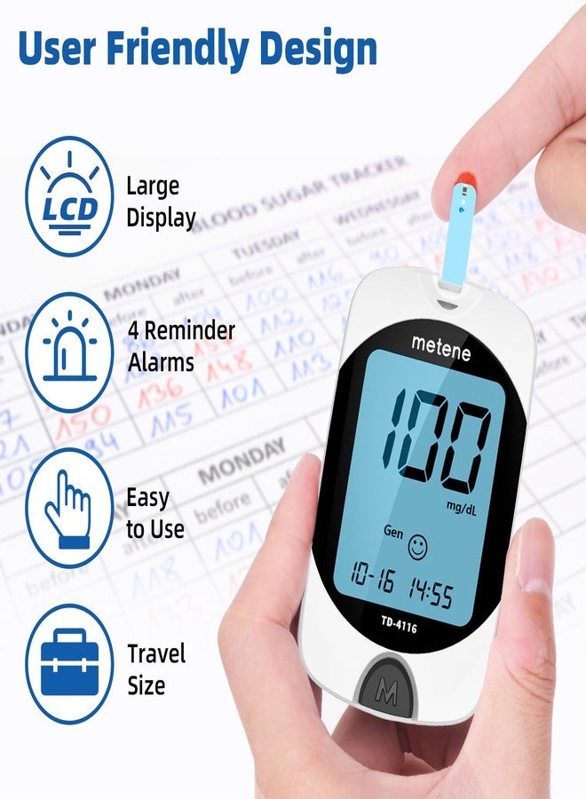 Metene TD-4116 Blood Glucose Monitor Kit, 150 Glucometer Strips, 150 Lancets, 1 Blood Sugar Monitor, Blood Sugar Test Kit with Control Solution, Lancing Device, No Coding, Large Display - Image 4